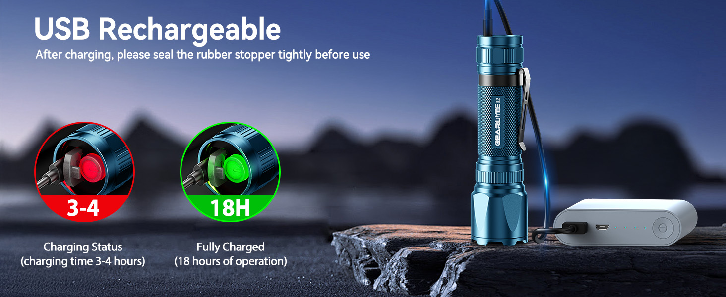 Ліхтарик LED GEARLITE з підзарядкою, 3000 люменів, тактичний, водонепроникний (IP65), 3 режими, для кемпінгу, риболовлі, активного відпочинку