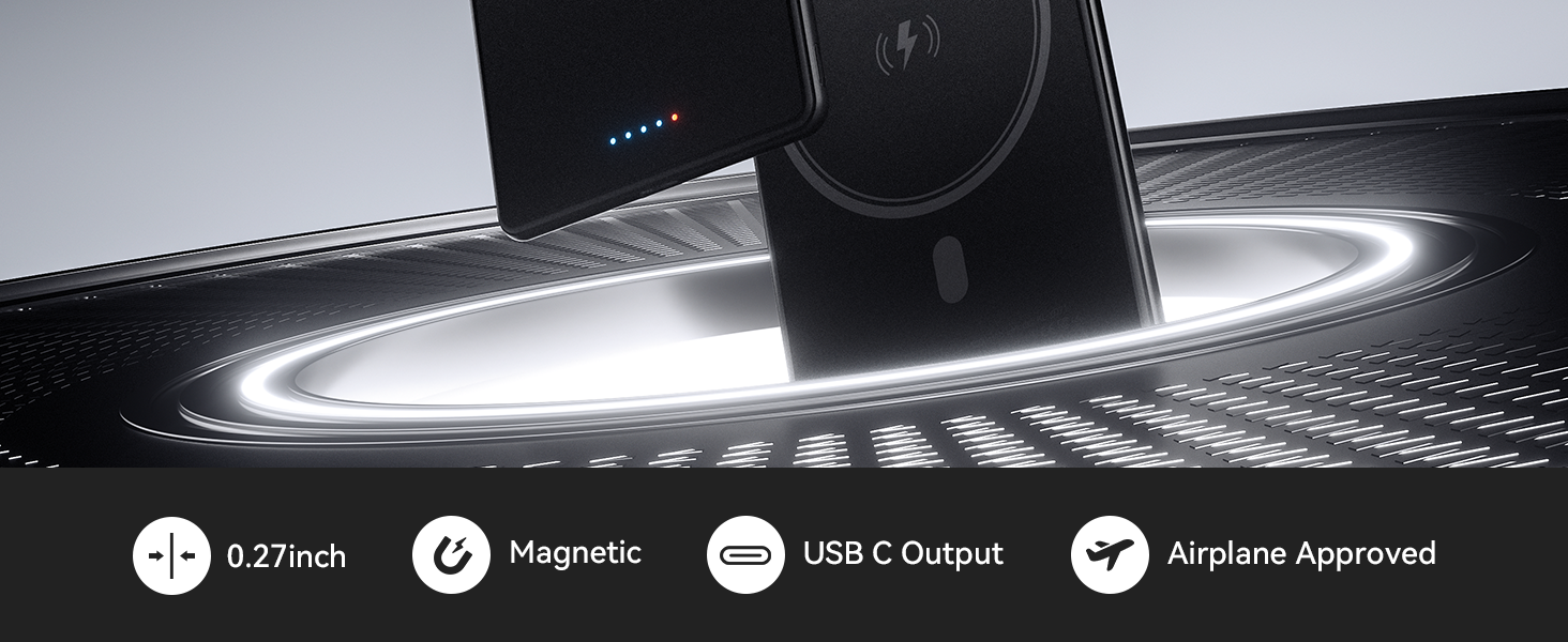 Power Bank Kuulaa Ultra Slim Magsafe, 5000mAh, бездротова зарядка, Type-C, 20W, чорний