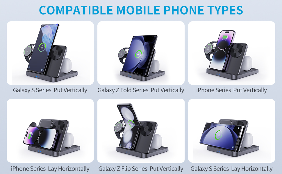 Бездротова зарядка 3-в-1 для Samsung Galaxy Z Fold 7/6/5, Z Flip 6/5/4/3, S23/S22, Note20/10 Ultra, Watch 6/5/Pro/4/3, Earbuds 2/2 Pro/Live