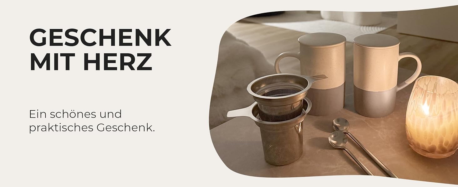 Набір чайних чашок Miamio 2 x 500 мл з кришкою та ситом, з чайним ситечком та ложкою, для заварювання листового чаю, подарунок для жінок, сумісний з мікрохвильовою піччю та посудомийною машиною (сірий)