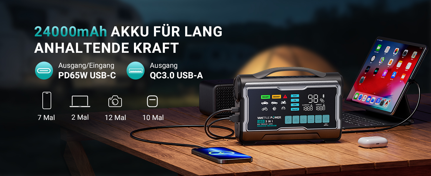 Пусковий пристрій (бустер) VANTRUE POWER JS3 для авто з компресором 160 PSI та функцією Powerbank, чорно-сріблястий
