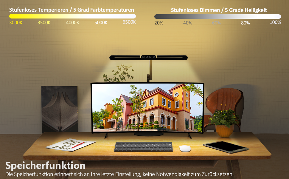 LED настільна лампа 72 см з регулюванням яскравості, денним світлом, підставкою та підсвічуванням, поворотна для офісу та дому, автоматична лампа для роботи та малювання (білий/чорний)