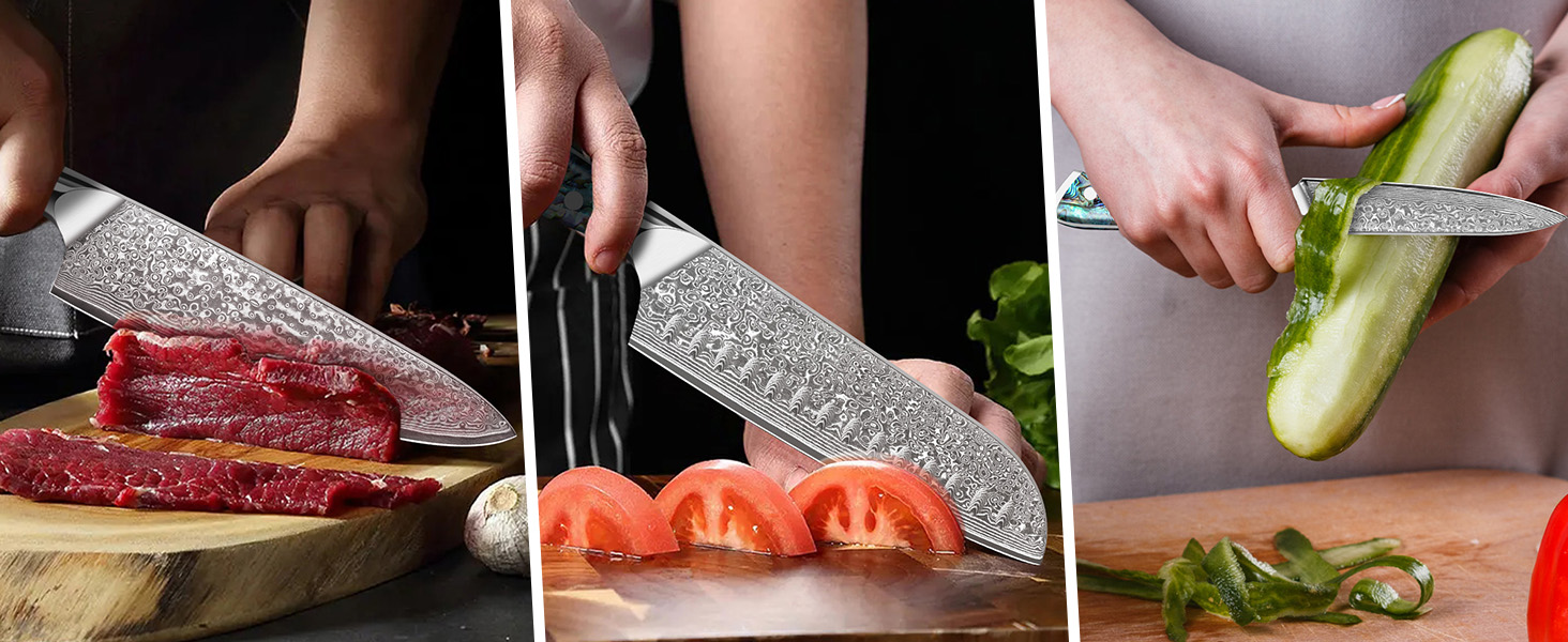 Набір кухонних ножів Damast Santoku 3 шт. з лезом 18 см (VG-10 сталь, ручка Abalone), подарункова коробка