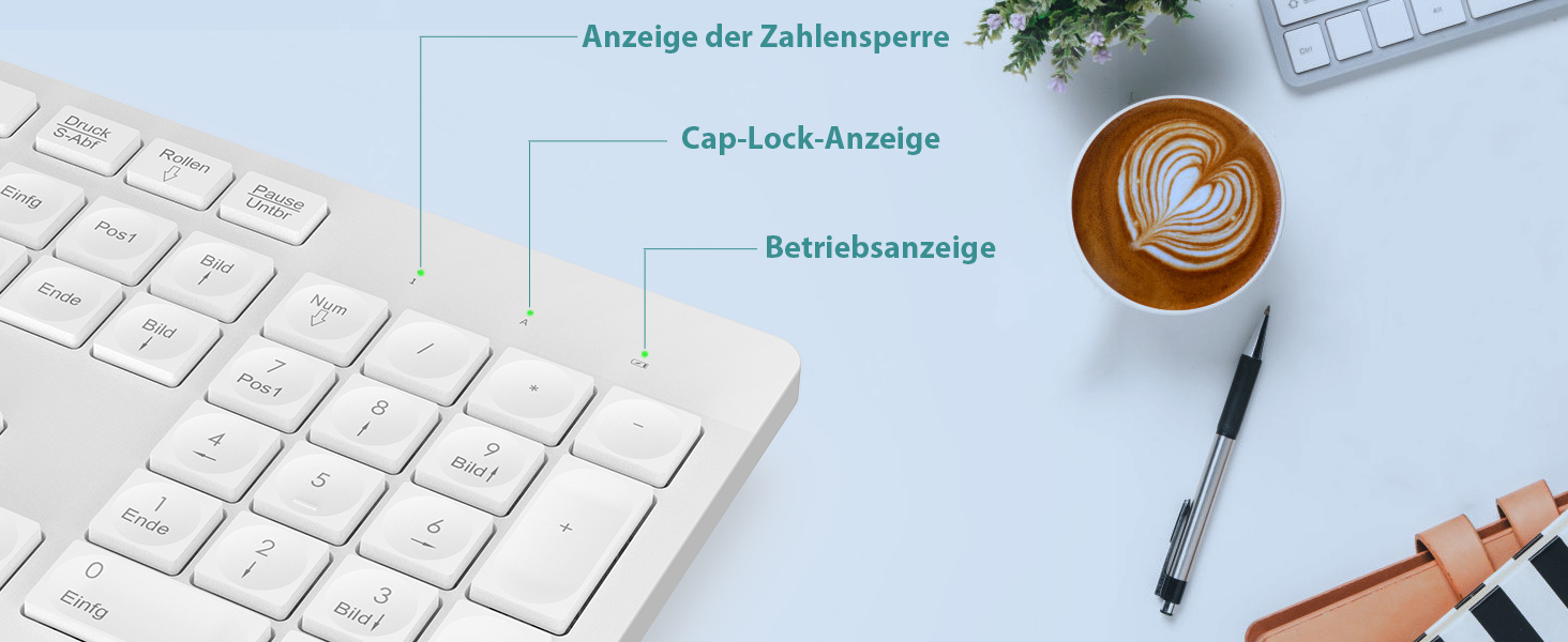 Бездротовий комплект клавіатури та миші Leadsail K786 з цифровою клавіатурою QWERTZ (німецька) - тиха клавіатура, 2.4 GHz, USB Nano приймач для ПК/ноутбука (білий)