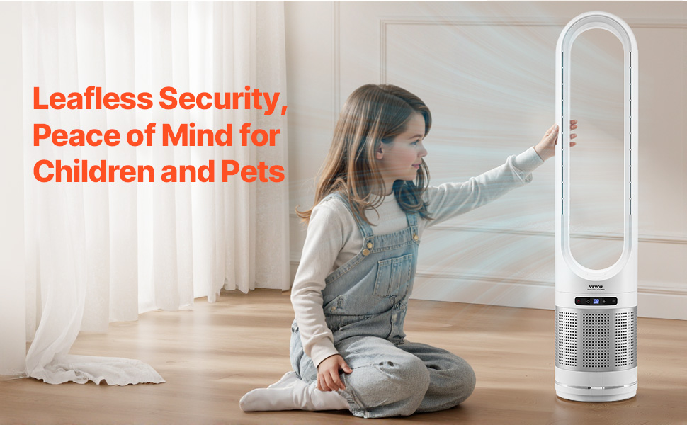 Турбо-вентилятор VEVOR без лопатей з HEPA-фільтром, 4.7 м/с, 8 швидкостей, осциляція 80°, таймер 8 годин, пульт ДК, режим очищення повітря