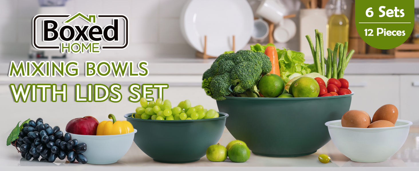 Набір міксерських чаш BoxedHome (12 шт.) з кришками, зелений. Зручні, багаторазові, неслизькі миски для салатів та змішування, з кришками, з пластику. Ідеально для кухні.