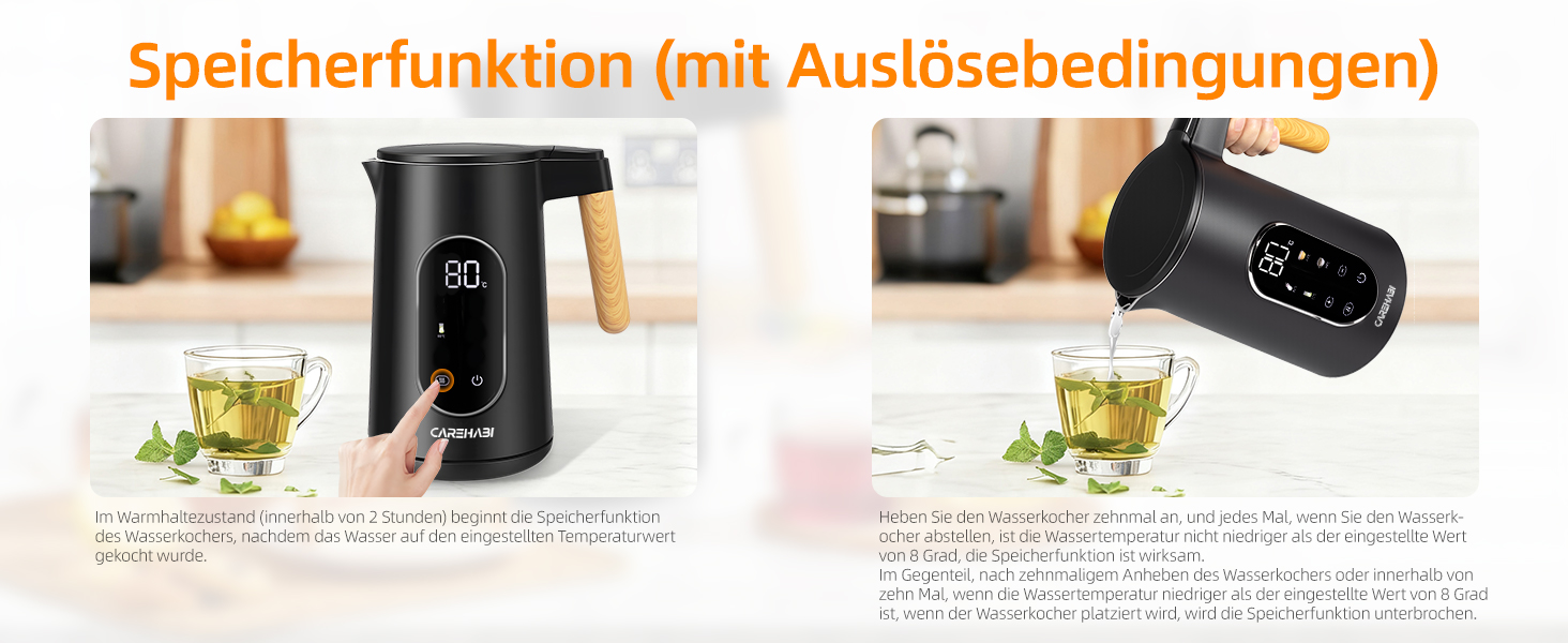 Електричний чайник Carehabi з регулюванням температури, 1.7 л, нержавіюча сталь, чорний, 40°C-100°C, 2200W, LED дисплей, подвійні стінки, функція підтримки тепла