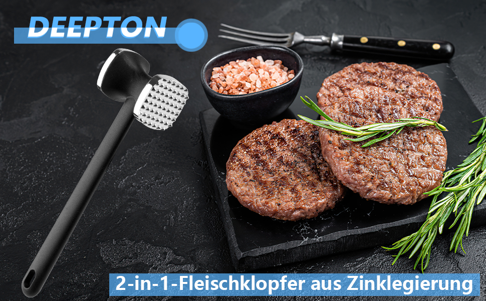 Топчик для відбивання м'яса Deepton з цинкової сплави, 24 см, двосторонній, з неслизькою ручкою, срібного кольору. Ідеально для відбивання шніцелів, яловичини, курки.