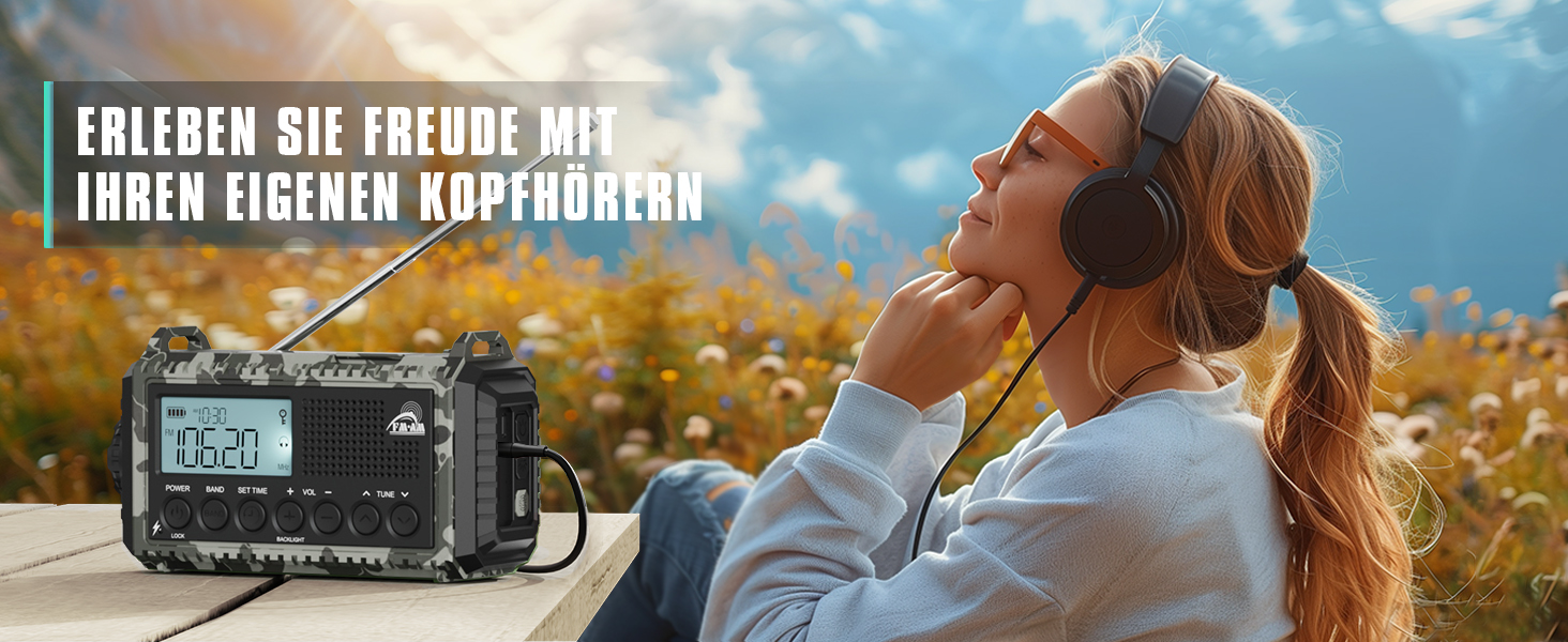 Радіо на сонячній батареї та з ручним генератором | Powerbank 12000mAh | AM/FM/SW, SOS, USB-C, IPX4, ліхтарик | для кемпінгу та відпочинку на природі (Граутарт)