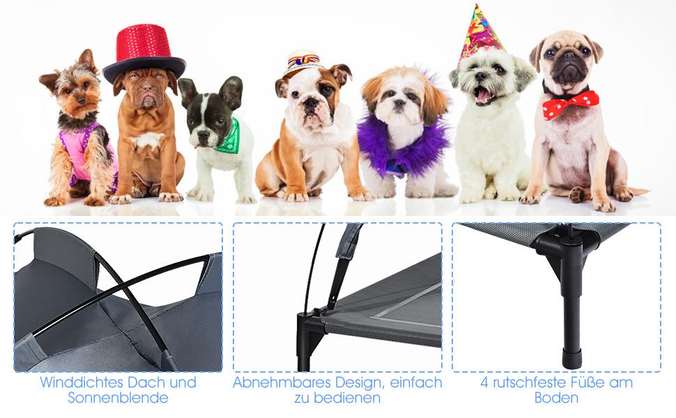 Лежанка для собак GOPLUS з дахом, піднята лежанка для тварин, лежанка для домашніх тварин з металевим каркасом, вологостійке собаче ліжко, котяче ліжко з сонцезахисним тентом, неслизькі накладки на ніжках, для використання в приміщенні та на вулиці (90x81x86 см), 1 шт.