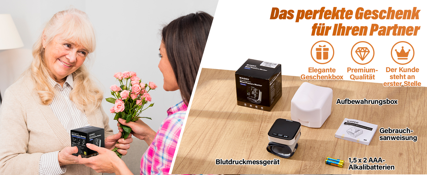 Цифровий тонометр WADEO на зап'ясті, оголошення 5 мовами, виявлення аритмії, портативний тонометр для дому та в дорогу, 2 x 99 пам'ять, з батарейками та коробкою для зберігання, білий