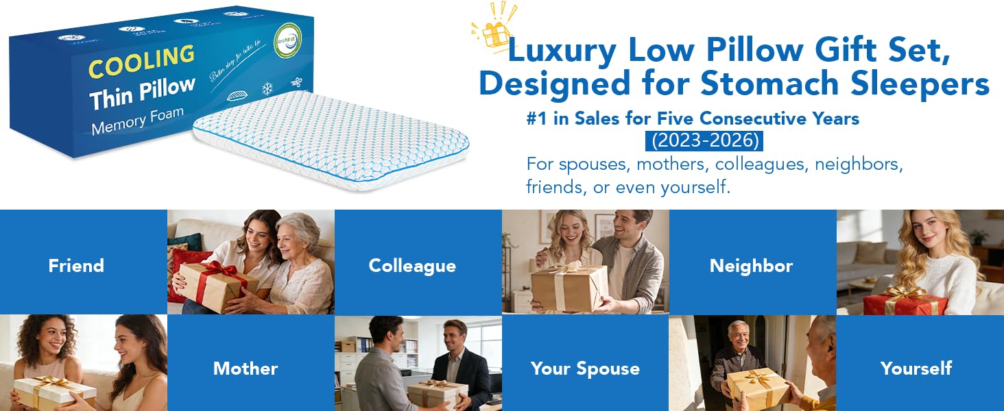 Подушка з піни Memory Foam для сну на животі та спині, ультратонка 40x60 см, знімний чохол, ортопедична, синьо-біла