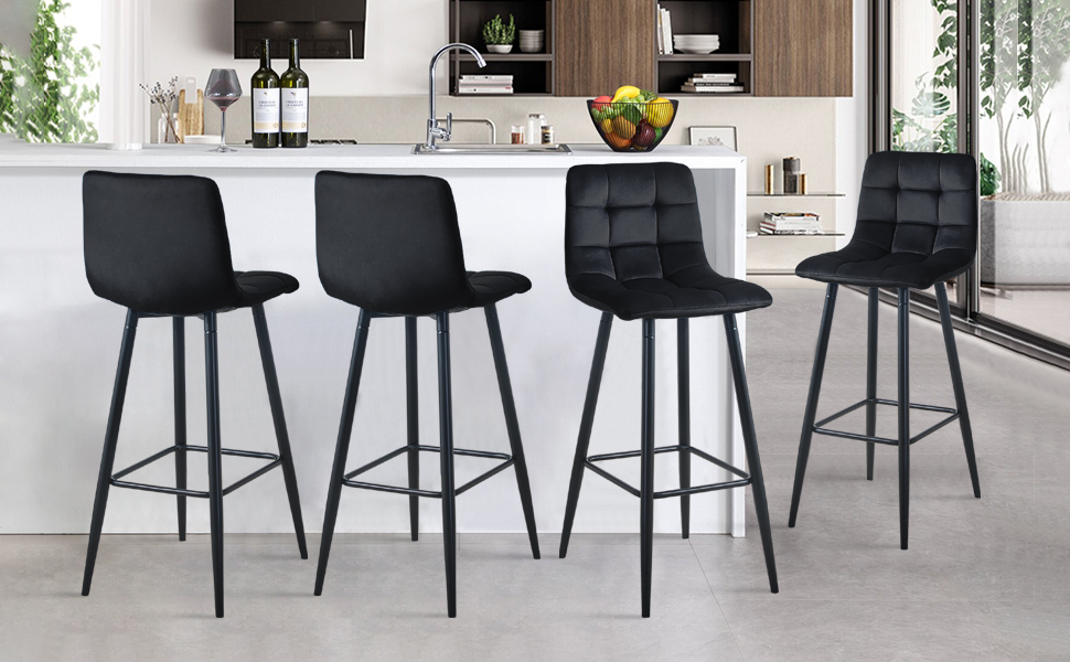 Velvet Bar Stools Set of 2 - Black Bar Chairs with Backrest, 66cm Seat Height, 50x45x94cm - Modern Counter Stools for Kitchen Island