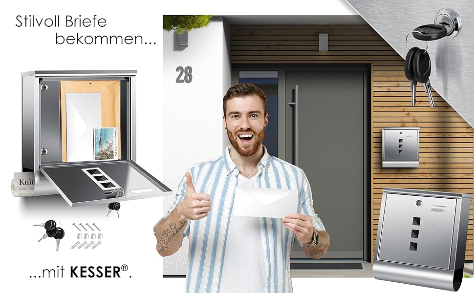 Поштова скринька KESSER® з газетницею та табличкою для імені, нержавіюча сталь, полірована, з оглядовим вікном, замок на 3 ключі, порошкове покриття, для настінного монтажу, велика, срібляста + матеріал для монтажу