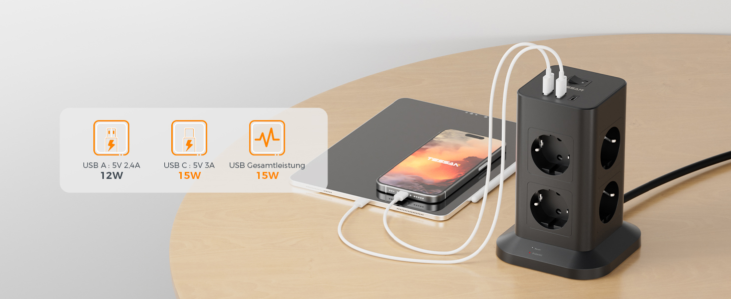 Блок розеток TESSAN із захистом від перенапруги 3600W 16A, 8 розеток + USB-C, подовжувач 2м, сірий, 1 USB-C (сірий&білий)
