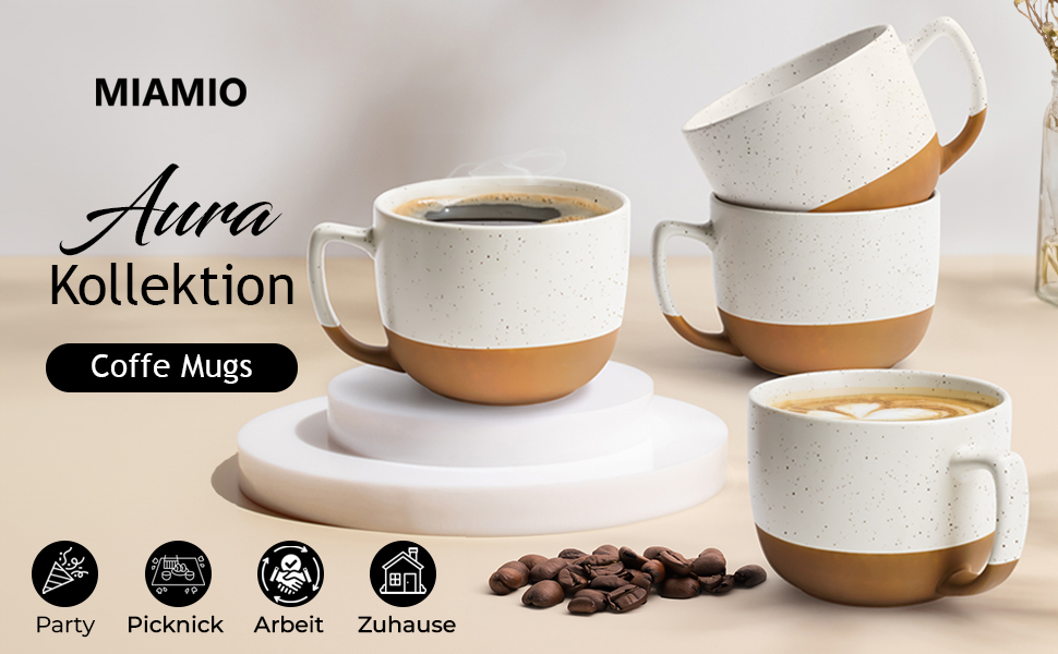 MIAMI – Set of 4, 15.2 oz Ceramic Latte Cups – Elegant, Modern Coffee Cup Set for Cafe, Tea, Hot Chocolate - Dishwasher & Microwave Safe – Aura Collection