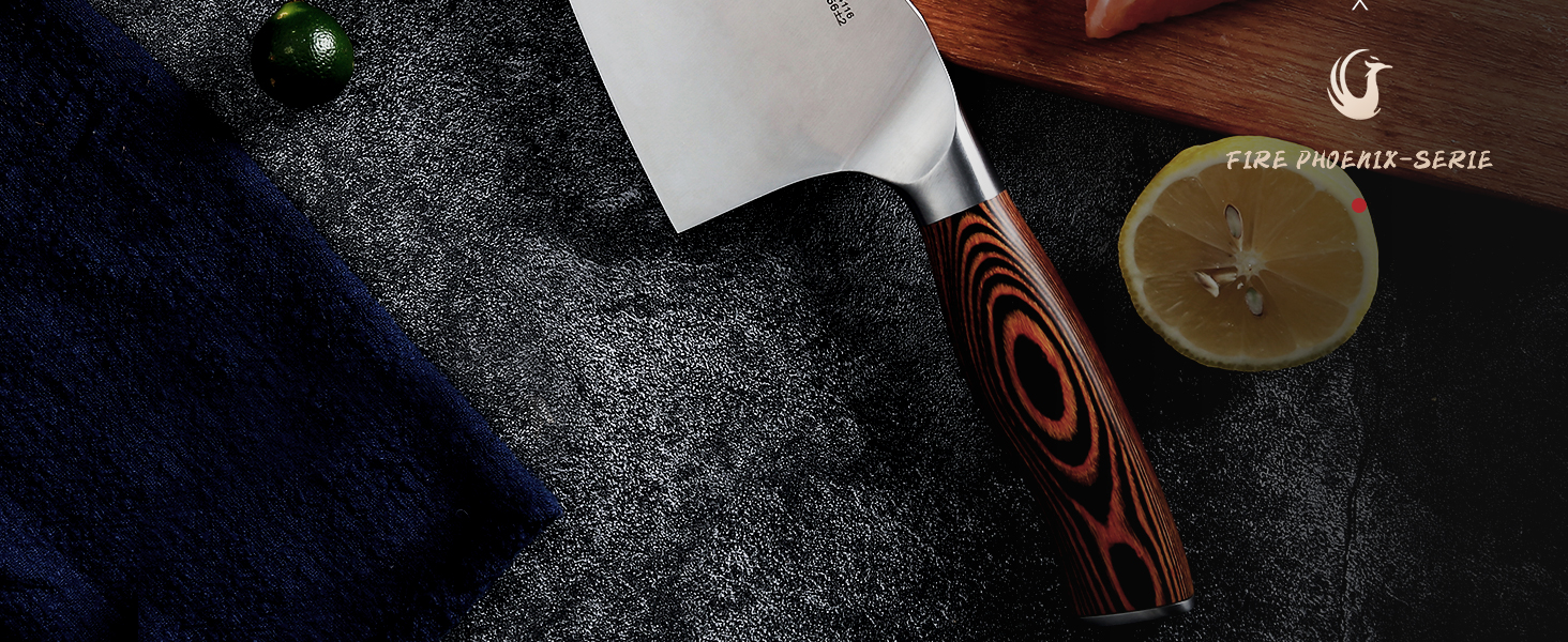 Ніж кухарський TUO Hackmesser 18 см, нержавіюча сталь, кухонний ніж з ергономічною ручкою Pakkawood, серія Fiery Phoenix