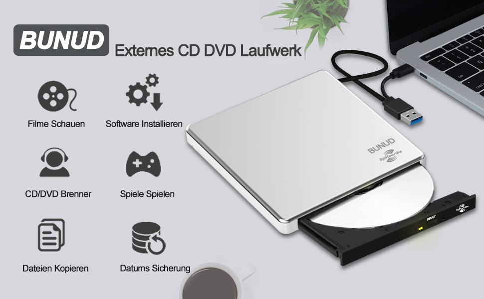 Зовнішній DVD-накопичувач BUNUD Lightscribe для Mac та Windows: USB 3.0 Type-C, DVD-записувач з картридером SD/TF та 2 USB-портами для MacBook, iMac, ноутбуків та PC