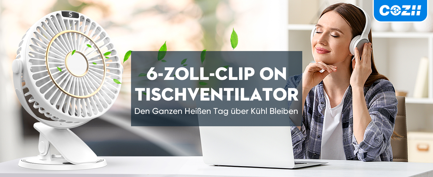 COZII Міні вентилятор на кліпсі USB, акумуляторний, тихий, 5 швидкостей, 720° оберт, 16 см, для дому, офісу, подорожей (білий)