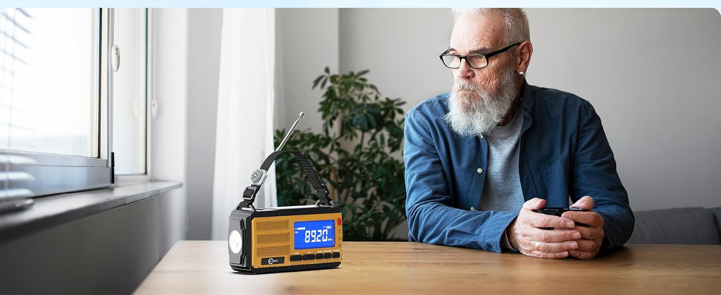 Радіоприймач Esky Kurbelradio з сонячною батареєю, 10000mAh, AM/FM, USB-зарядка, LED-ліхтарик, SOS-сигнал, компас, для кемпінгу та надзвичайних ситуацій, жовтий