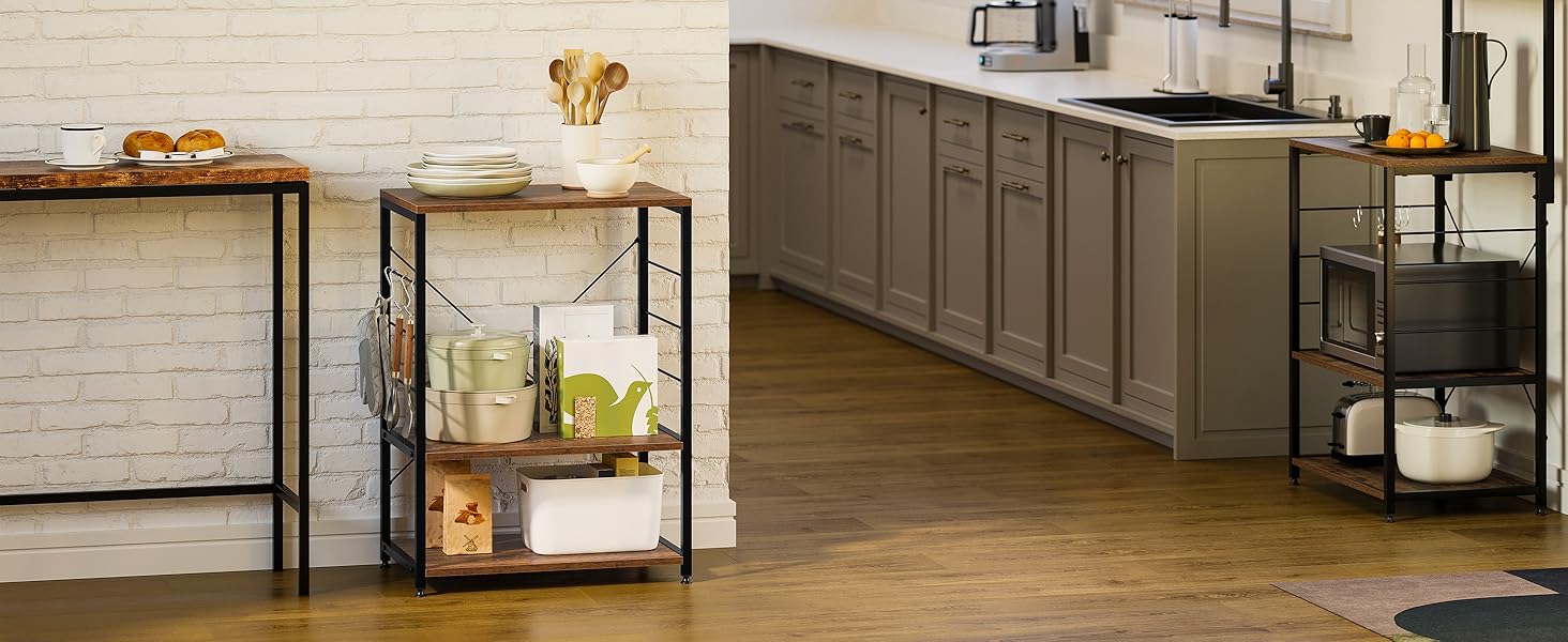 WOLTU Kitchen Shelf, Freestanding Shelf, Microwave Holder, Baker's Rack, Metal Shelf made of Wood and Steel, with 3 Shelves, approx. 60 x 40 x 82 cm, White + (Vintage Brown)