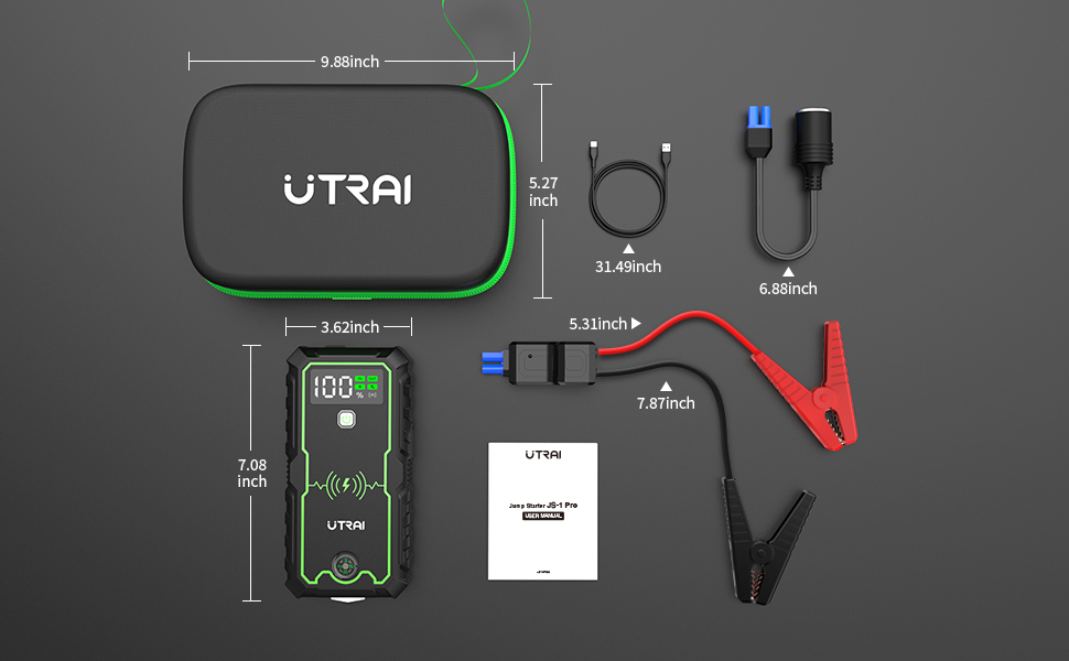 Бустерний пускач автомобіля UTRAI 6000A Powerbank 27000mAh з індукційною зарядкою 10W, ліхтариком, компасом та молотком для бензинових та дизельних двигунів до 10л, зелений
