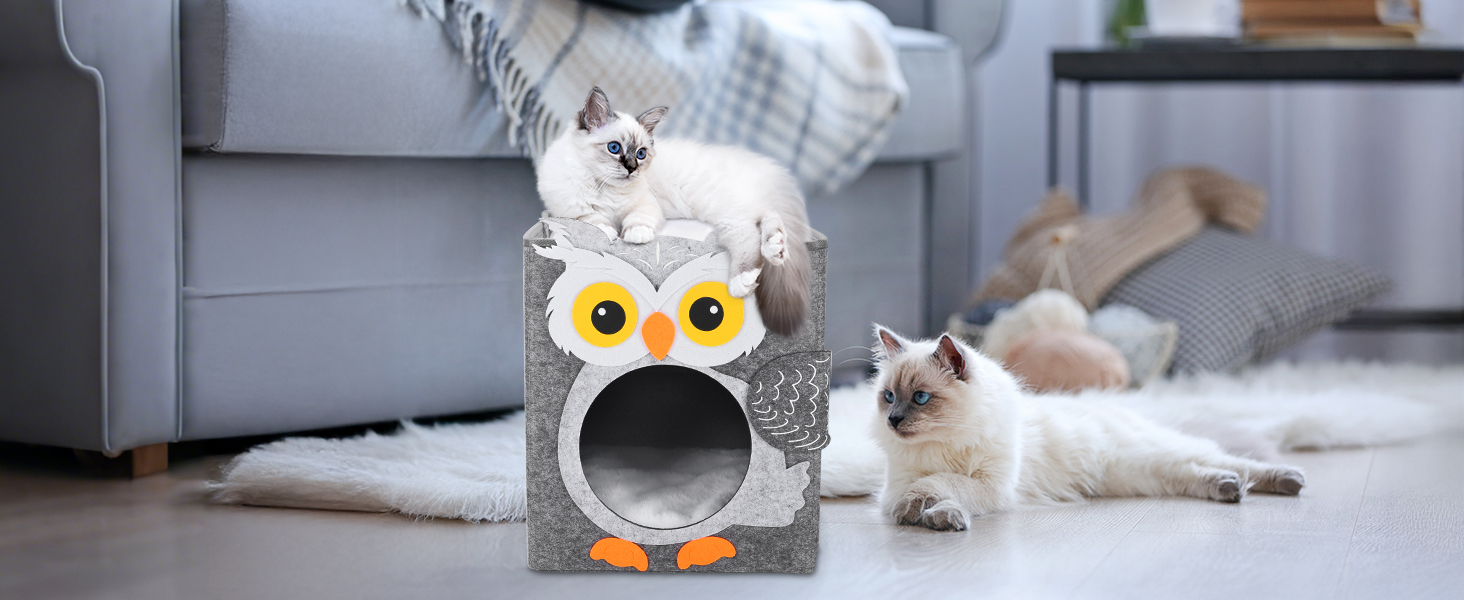 Кігтеточка-будиночок для котів Dripex з 2 поверхів, філц, з подушкою, 30 x 35 x 35 см (Сова)
