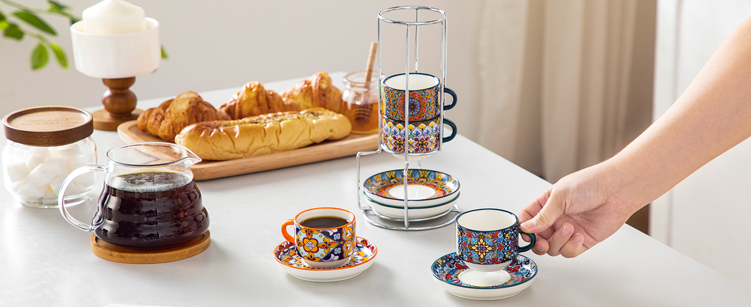 Набір чашок для еспресо Vancasso 4 шт., 150 мл SIMI, з підставками та стійкою, керамічні, для капучіно, еспресо, лате