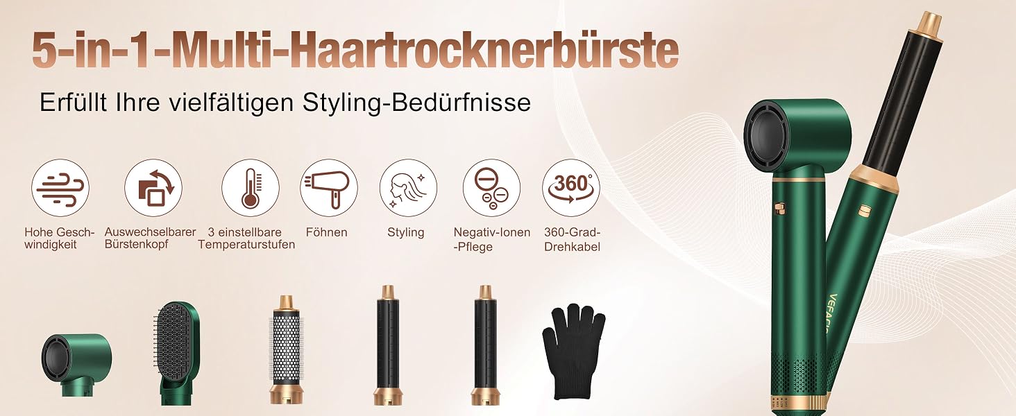 Мультистайлер для волосся 5-в-1 Air Styler 1000W: фен-щітка, автоматичний локон, вирівнювач та об'ємний стайлер, зелений