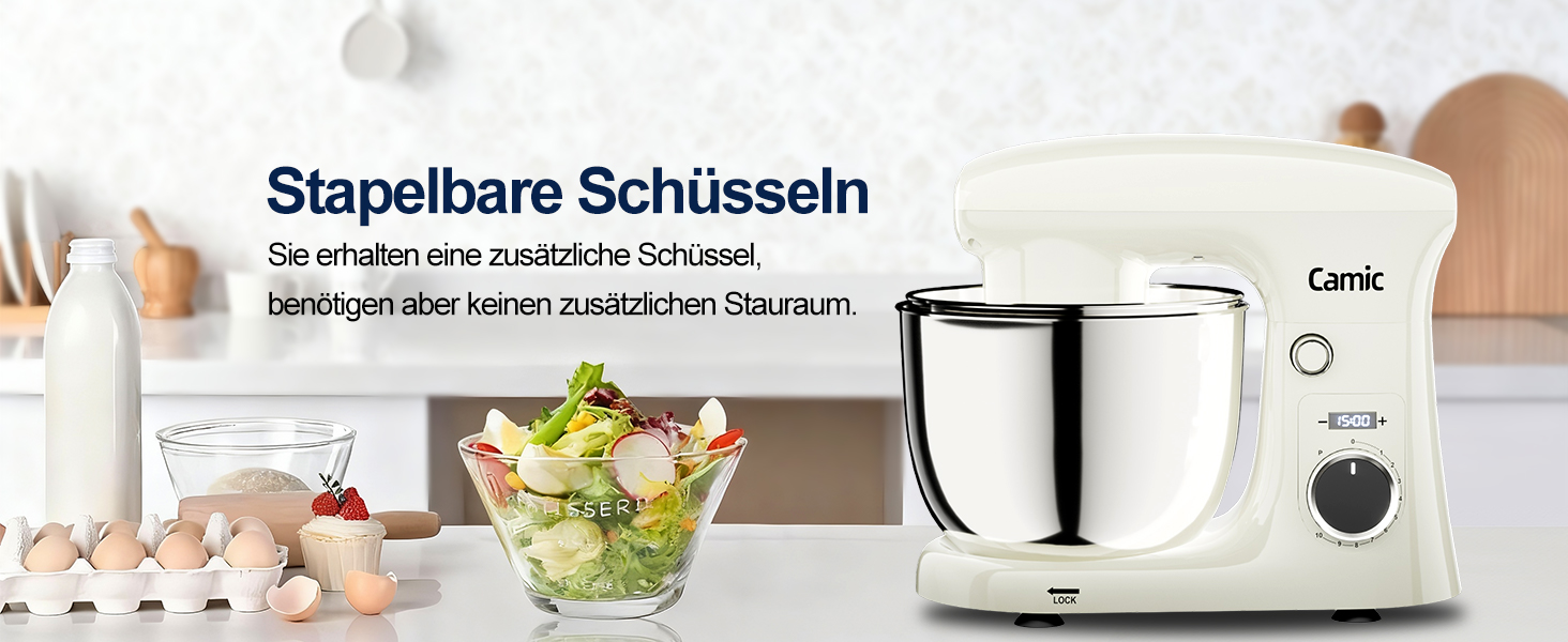 Кухонна машина Camic з 3 насадками (гак, міксер, вінчик), планетарний міксер з LED-дисплеєм, 10 швидкостей, 2 чашами з нержавіючої сталі 4Л та 5Л, для тіста, хліба, піци та тортів (Білий)