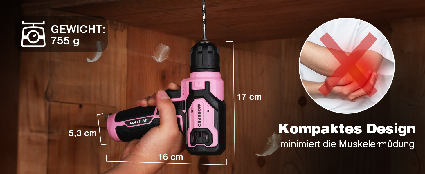 WORKPRO 8V акумуляторний дриль-шуруповерт, комплект з кейсом, 2000 mAh, 10 мм патрон, 12 Н·м, LED-ліхтик, 21 шт. аксесуарів, для ремонту та DIY, сірий & зелений (рожевий & чорний)