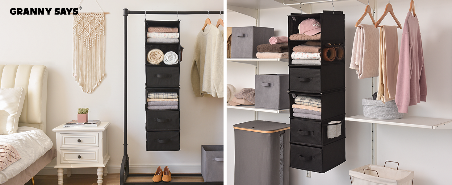 Органайзер для шафи GRANNY SAYS, підвісний, з шухлядами, 1 шт. - підвісне зберігання, полиця для шафи, тканинний органайзер для спальні (чорний, роздільний)