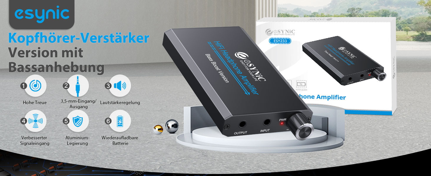 eSynic Професійний підсилювач навушників з підсиленням басів, 16-300 Ом, портативний, 3.5mm, для MP3, MP4, телефонів, комп'ютерів