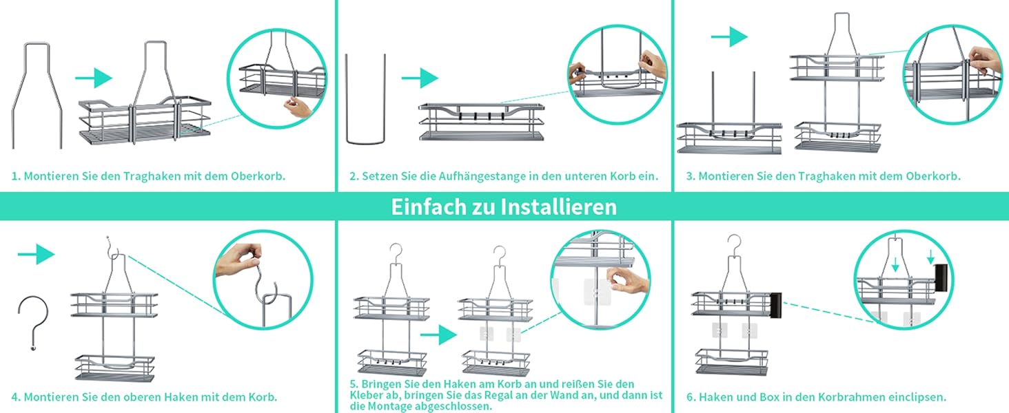 Настінна поличка для душу HapiRm з 4 гачками - поворотна 360°, органайзер для шампуню та мийних засобів, сріблястий