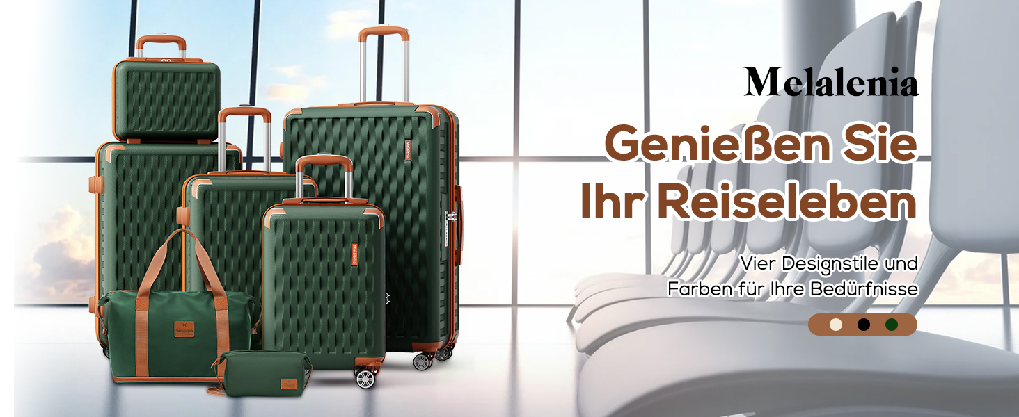 Набір валіз Melalenia 7 предметів з жорстким корпусом, легкий, на 4 колесах з TSA-замком. Включає косметичку, сумку для подорожей та кулькову сумку (зелений, 53см, набір ручної поклажі 4 предмети)