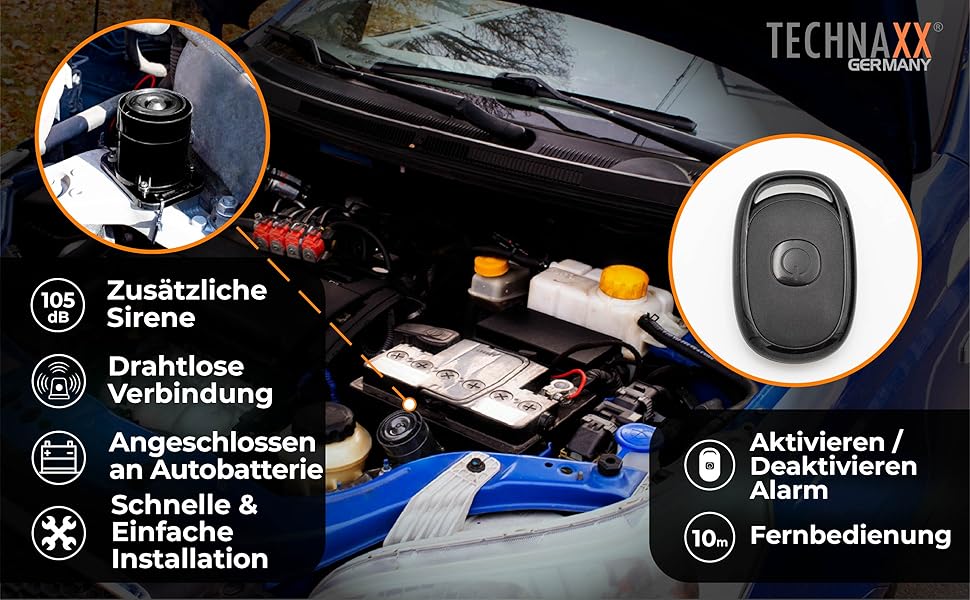 Сигналізація Technaxx TX-168 для авто, будинку, човна – 105 дБ, зовнішня сирена, кнопка тривоги, PIR-датчик руху, 2 USB, автономна робота 7 днів, легкий монтаж