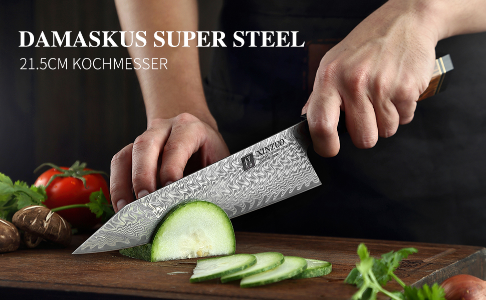 Японський ніж для кухні XINZUO Damaststahl 21.5 см, Kiritsuke, професійний, ручної роботи, з нержавіючої сталі Дамаск, дерев'яний потиск, магнітний чохол, подарункова коробка з акації