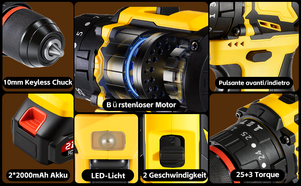 Акумуляторний шуруповерт 21V безщітковий, 2 акумулятори 2.0Ah, 70 Nm, 25+3 ступені крутного моменту, 2 швидкості, LED-ліхтик, патрон 10 мм, для ремонту та DIY