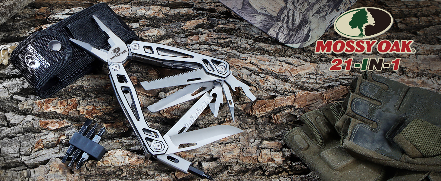 Mossy Oak 21-in-1 Multi-Tool - Stainless Steel Pocket Knife & Multi-Function Tool for Camping, Hiking & Repair - Includes Pouch