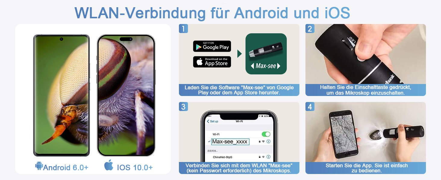 Цифровий мікроскоп Skybasic з Wi-Fi, 50x-1000x, 2.0 MP, 8 LED, сумісний з Android/iOS/Windows/MAC