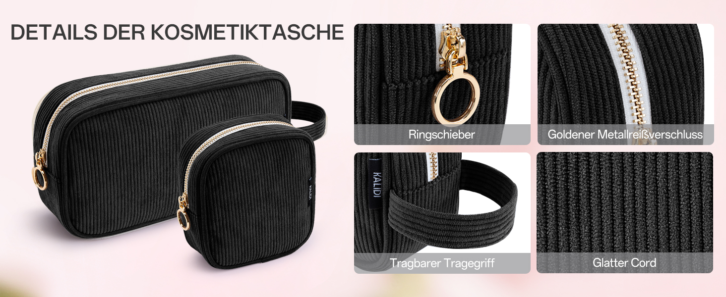 Косметичка для жінок Kalidi з корду, містка, з відділеннями, металева блискавка, для подорожей, темно-зелений (чорний)