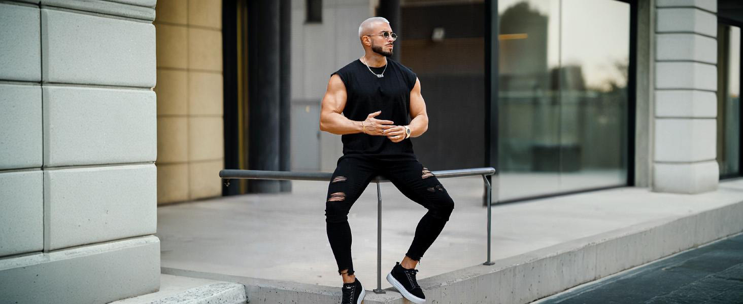 Чоловічі рвані джинси GINGTTO Skinny Stretch Denim Slim Fit, чорні, 32W/30L