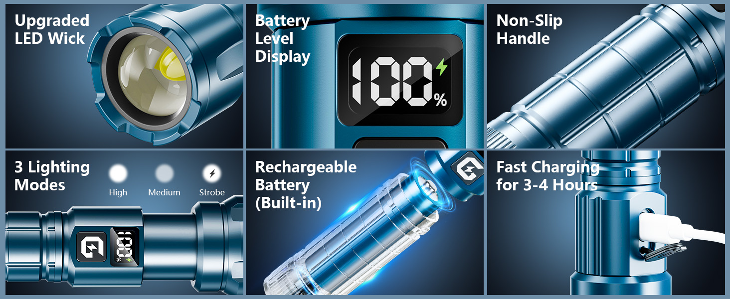 LED ліхтарик Gearlite з підзарядкою, 6000 люмен, тактичний, з регулюванням фокусу, 3 режими, водонепроникний IP65, для кемпінгу, риболовлі, надзвичайних ситуацій, походів (блакитний, 1 шт.)