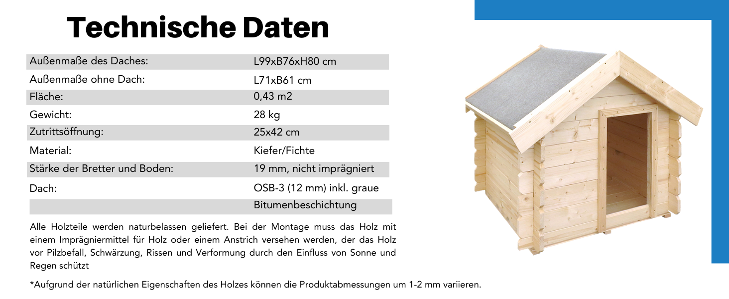 Будка для собак Outdoor маленьких порід – дерев'яна будка для собак, водостійкий дах 76 x 99 x H80 см, розмір S, Timbela M401-1 розмір M, натуральне дерево