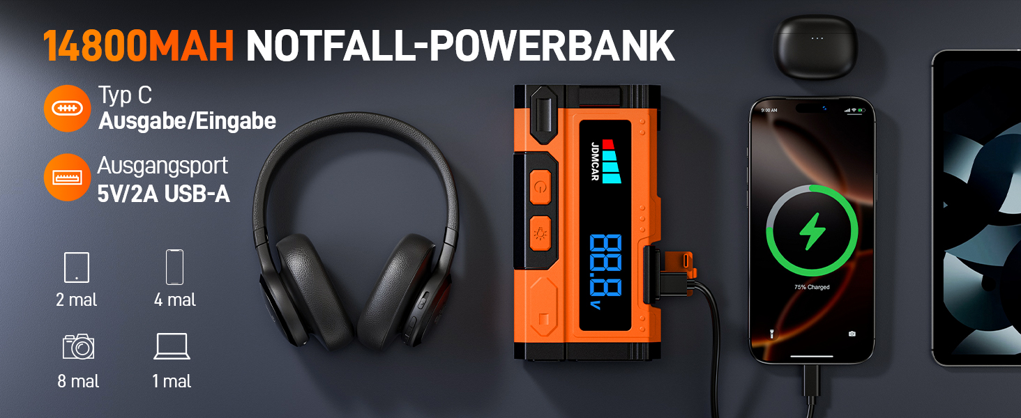 Powerbank для автомобіля Starthilfe 7000A-JDMCAR: пусковий пристрій з LCD екраном та ліхтариком