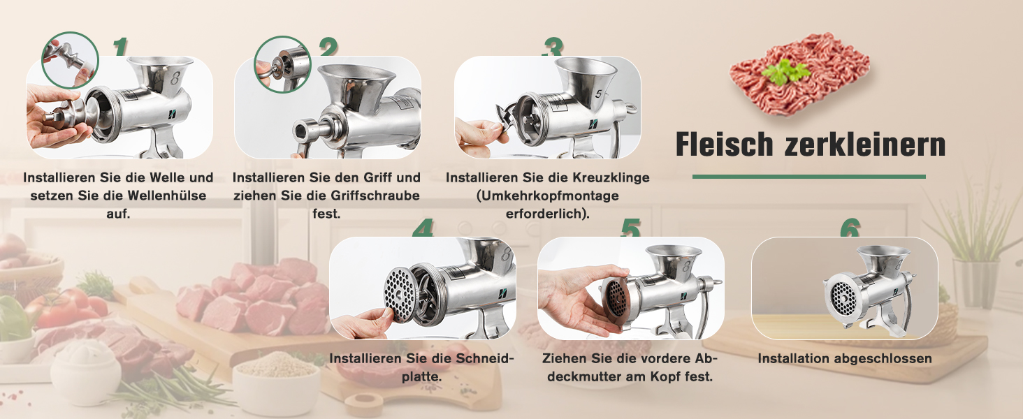 М'ясорубка ручна Huanyu з нержавіючої сталі, насадка для ковбас та печива, миється в посудомийній машині (№8)