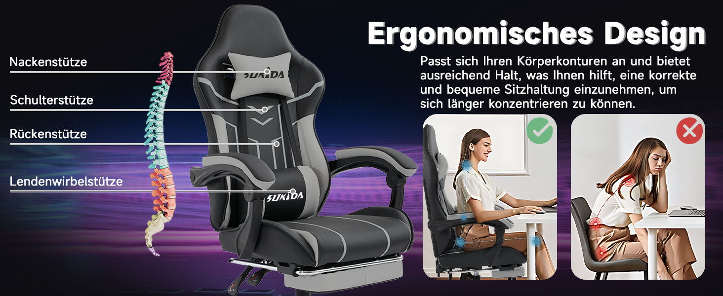 Ігрове крісло SUKIDA Ergonomic Gaming Chair з підставкою для ніг та підтримкою попереку, чорно-сіре