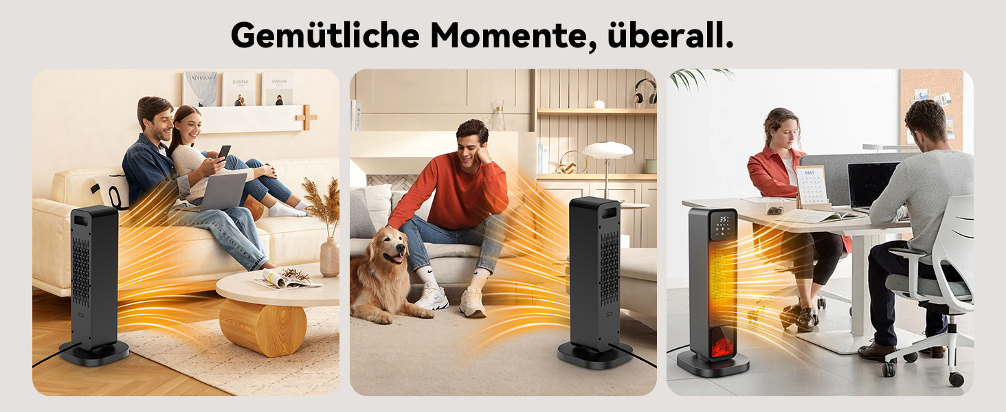 Ефективний енергозберігаючий обігрівач, 1500W PTC кераміка, 34 dB, термостат, таймер 12 год, захист від перегріву та перекидання, з пульт дистанційного керування (матовий чорний)