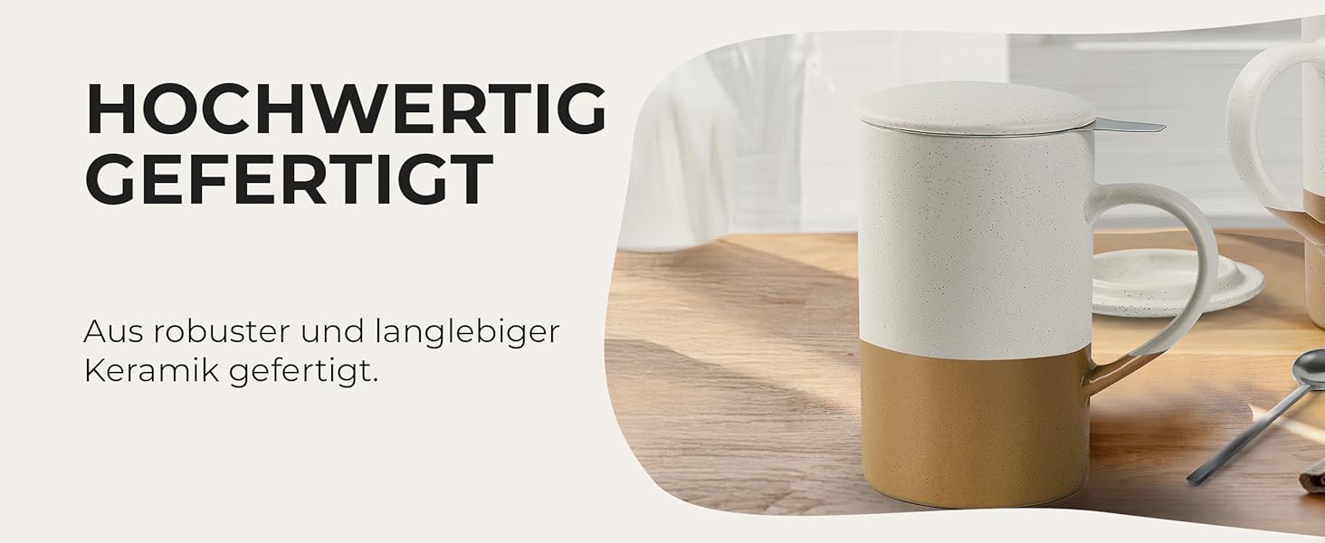 Набір чайних чашок Miamio 2 x 500 мл з кришкою та ситом, керамічні чашки з чайним ситечком та ложкою для заварювання листового чаю, подарунок для жінок, підходить для мікрохвильової печі та посудомийної машини (колір: коричневий)