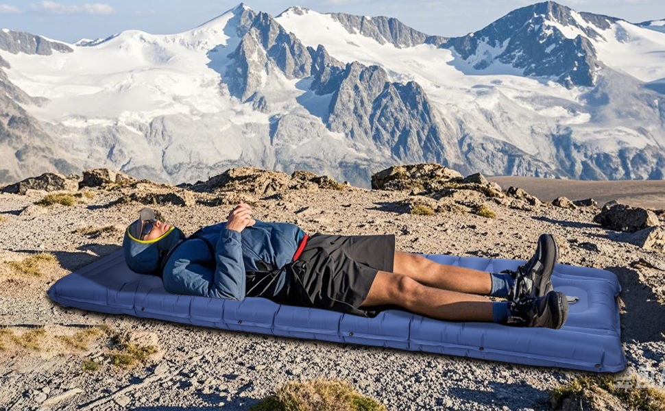 Tixexo Self-Inflating Sleeping Pad - Camping Air Mattress with Foot Pump - 13cm Thick, Spliceable, for Hiking & Outdoor Use (Blue)
